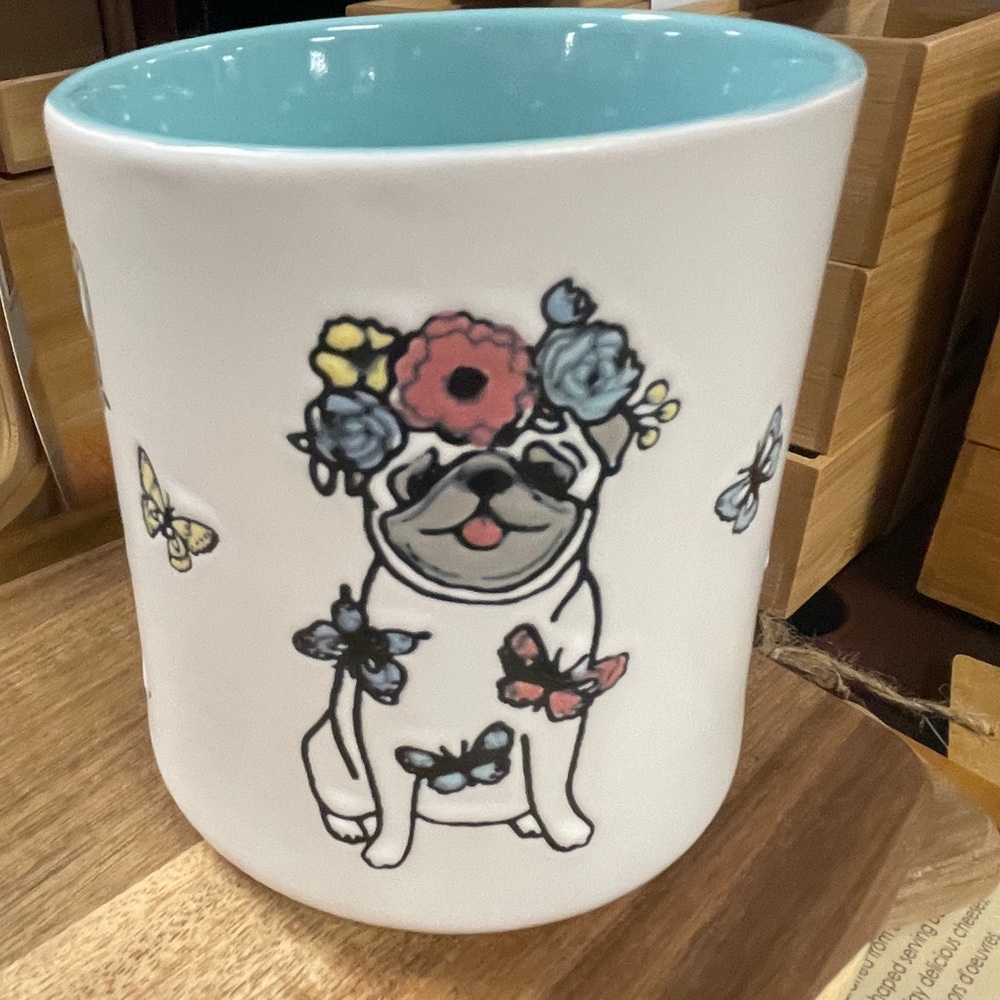Pug & French Bulldog Floral Crown Clementine Handpainted Ceramic Coffee Mug NEW